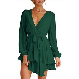 NEW Green Dress Deep V-Neck Ruffle Mini Swing Skater M NO BELT